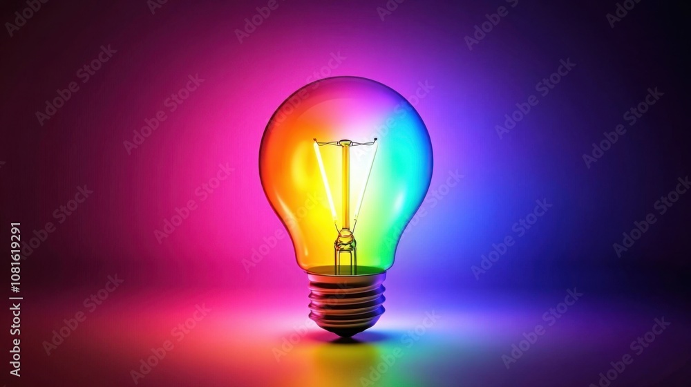 A colorful glowing idea bulb lamp, visualization of brainstorming, bright idea and creative thinking A colorful glowing idea bulb lamp, visualization of brainstorming, bright idea and creative thinking