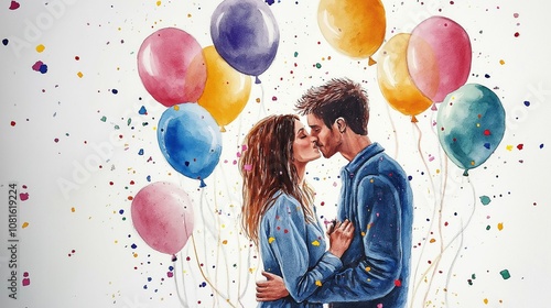 A vibrant watercolor illustration of a couple sharing a kiss surrounded by colorful balloons and confetti, evoking a festive and romantic celebration atmosphere
