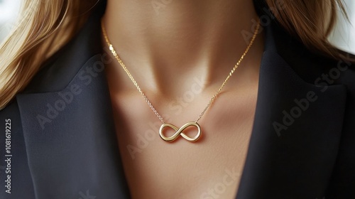 A golden infinity necklace enhances a womans outfit, showcasing elegance and luxury