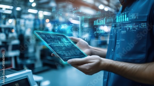 A worker in a factory uses a tablet to monitor production data and analytics.