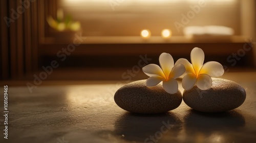 Two White Flowers Resting on Smooth Stones in a Spa Setting photo