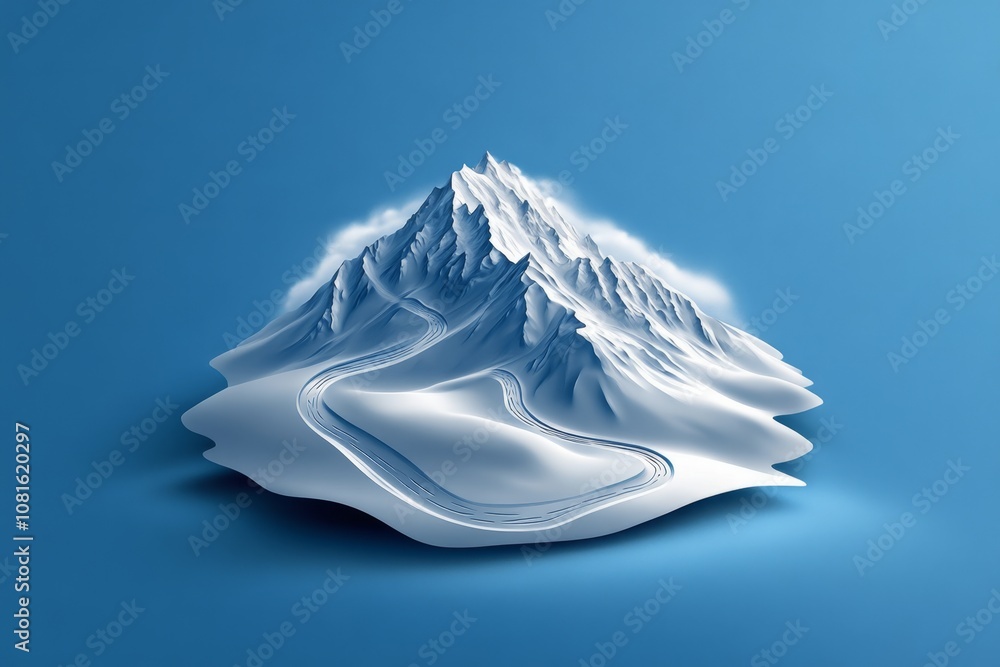 Simple line art of a mountain with ski tracks winding down, minimalist style on a soft blue background Simple line art of a mountain with ski tracks winding down, minimalist style on a soft blue background