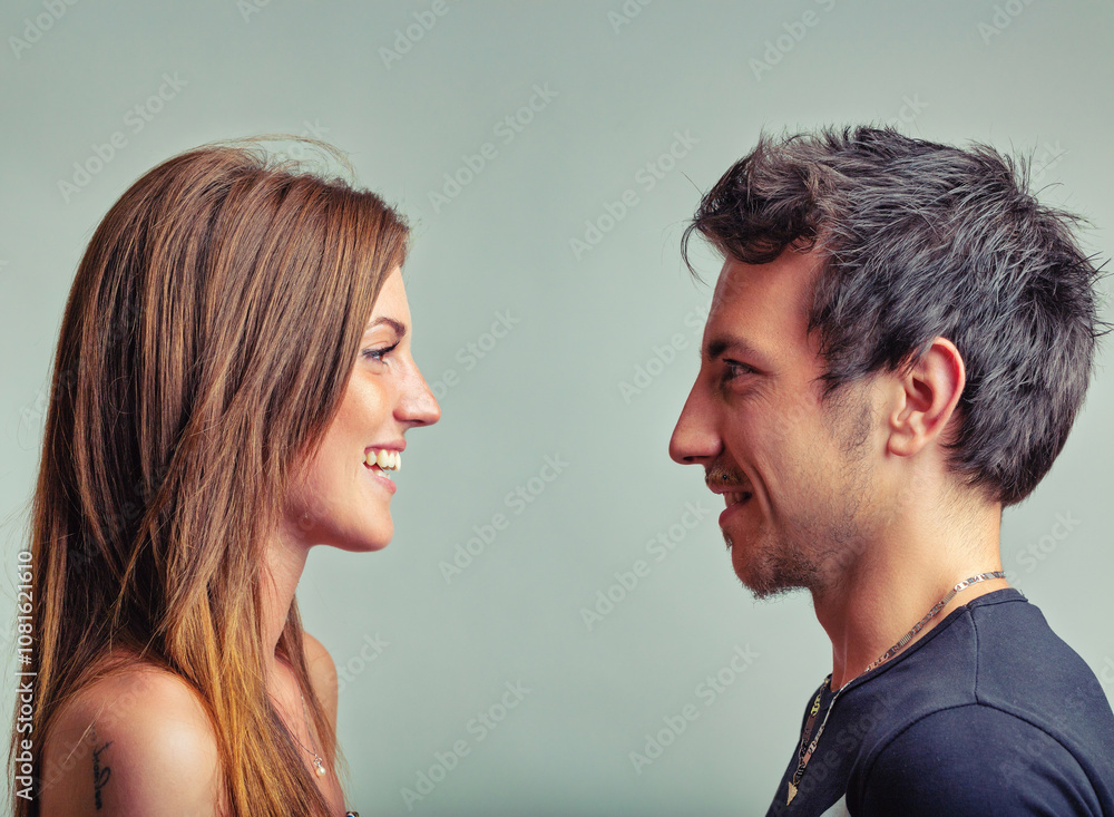 Facing each other, their smiles show connection Facing each other, their smiles show connection