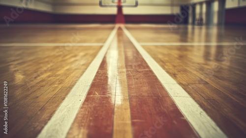 A basketball court's three-point line with a focus on the painted arc and wood texture, indoor setting with gym lights, Precise style