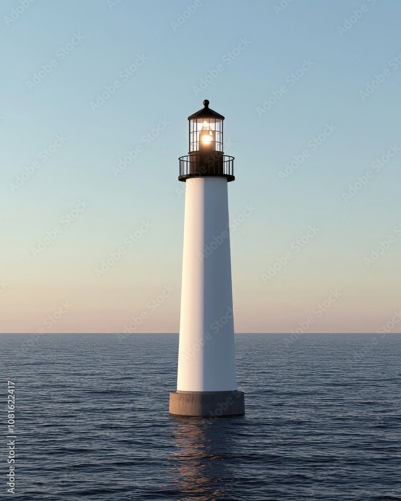A tall, white lighthouse stands in the ocean, illuminated at dusk, guiding ships with its beacon against a serene sky and calm waters. A tall, white lighthouse stands in the ocean, illuminated at dusk, guiding ships with its beacon against a serene sky and calm waters.