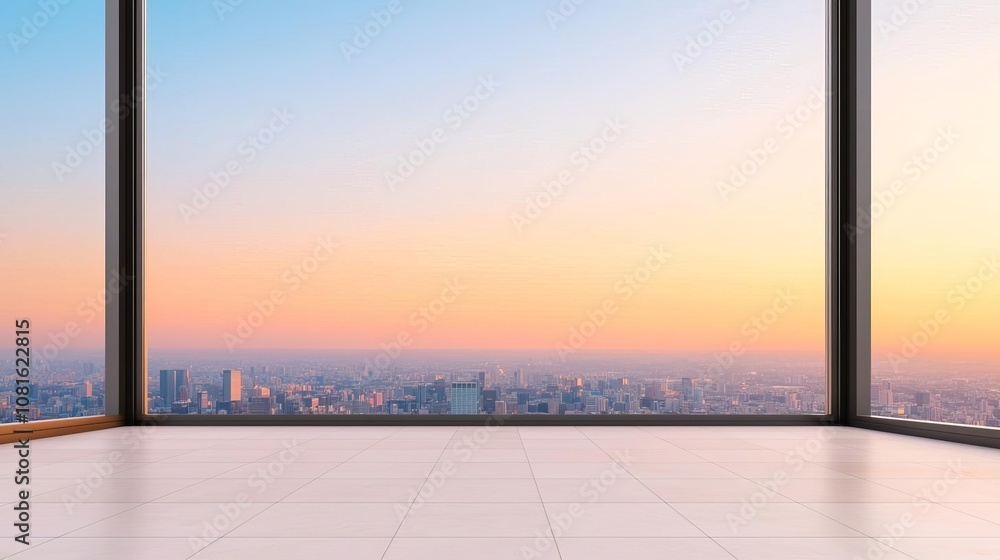 Fototapeta premium Spacious room with modern design, featuring large windows that showcase a stunning sunset view over the city skyline, perfect for urban living.