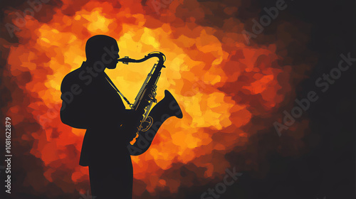 Silhouette of a person playing the saxophone. Saxophone player silhouette. Saxophone player in the night. Musician playing saxophone on stage on a fire red background 