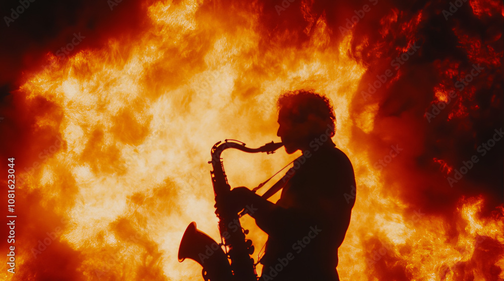 Obraz premium Silhouette of a person playing the saxophone. Saxophone player silhouette. Saxophone player in the night. Musician playing saxophone on stage on a fire red background