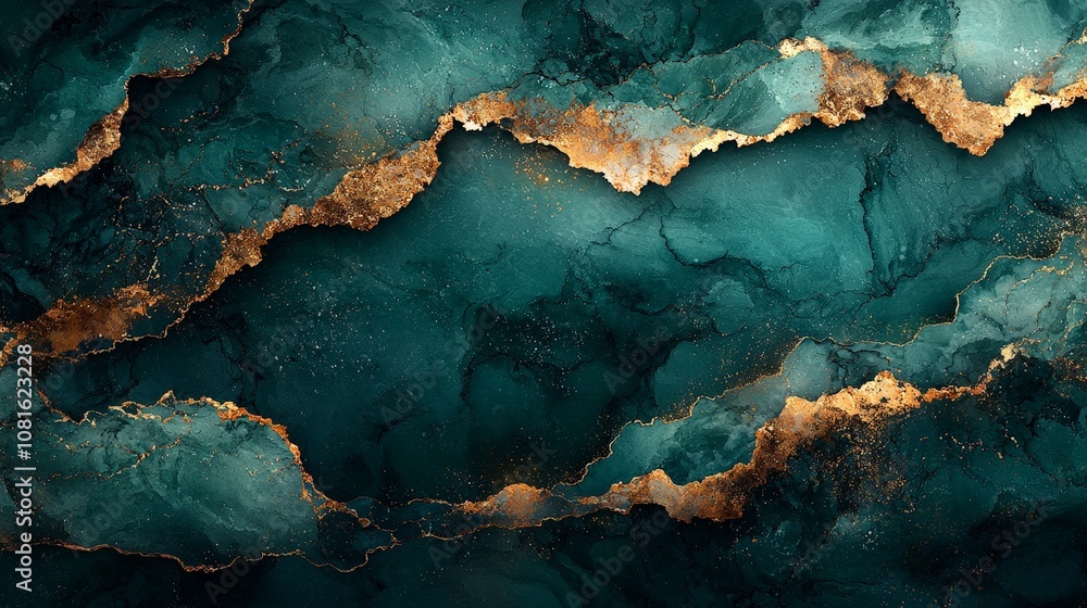 Abstract artwork featuring teal and gold marbling patterns. Abstract artwork featuring teal and gold marbling patterns.