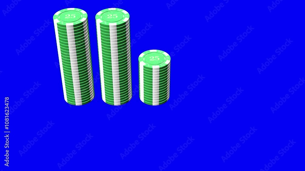 25$ green poker chips stacking up into 15 piles as if building up winnings, on blue screen 3D animation perspective view 25$ green poker chips stacking up into 15 piles as if building up winnings, on blue screen 3D animation perspective view