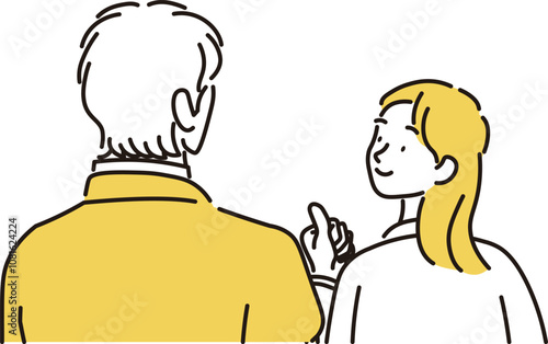 励ます笑顔の女性と励まされる男性のビジネスマンの手描きでシンプルなイラスト素材