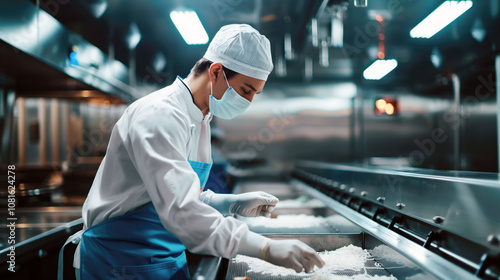 Worker in white uniform and blue apron sorting products at food factory conveyor during daytime