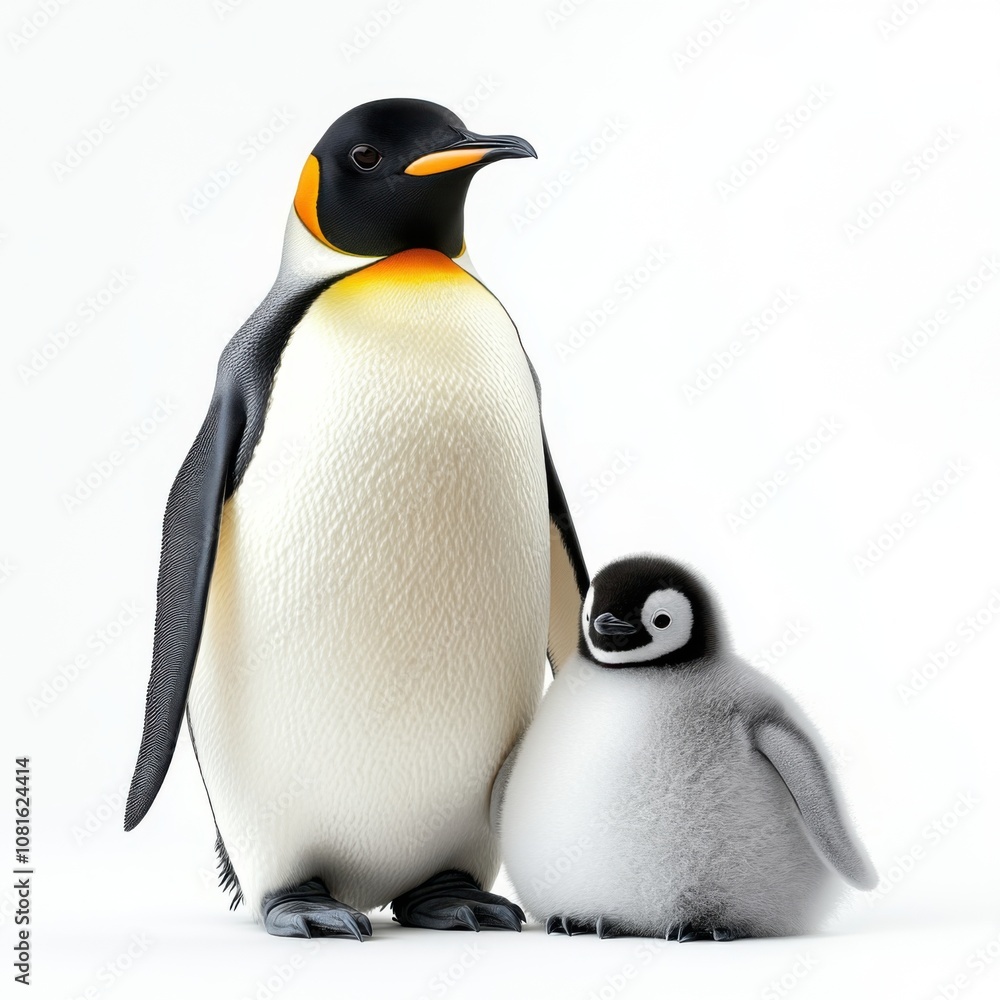 Obraz premium An adult penguin and a baby penguin isolated on a colored background