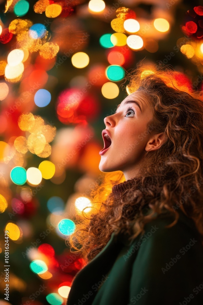 Woman standing in front of a Christmas tree, mouth open in amazement, colorful lights and ornaments in the background, copy space, isolated on a white background Woman standing in front of a Christmas tree, mouth open in amazement, colorful lights and ornaments in the background, copy space, isolated on a white background