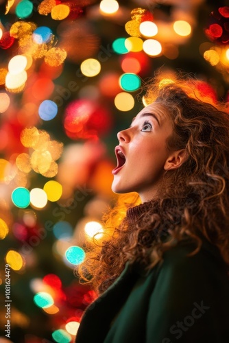 Woman standing in front of a Christmas tree, mouth open in amazement, colorful lights and ornaments in the background, copy space, isolated on a white background