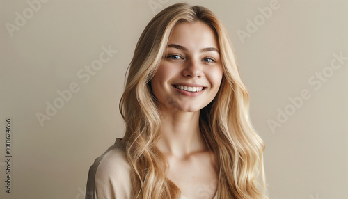 Radiant Smile: A portrait of a beautiful young woman with long blonde hair, her eyes sparkling with joy, radiating a genuine and captivating smile. This image embodies warmth, positivity.