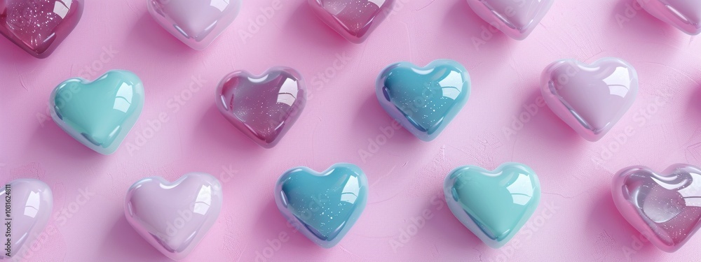 Valentine's day background with heart shape candies on pink background Valentine's day background with heart shape candies on pink background