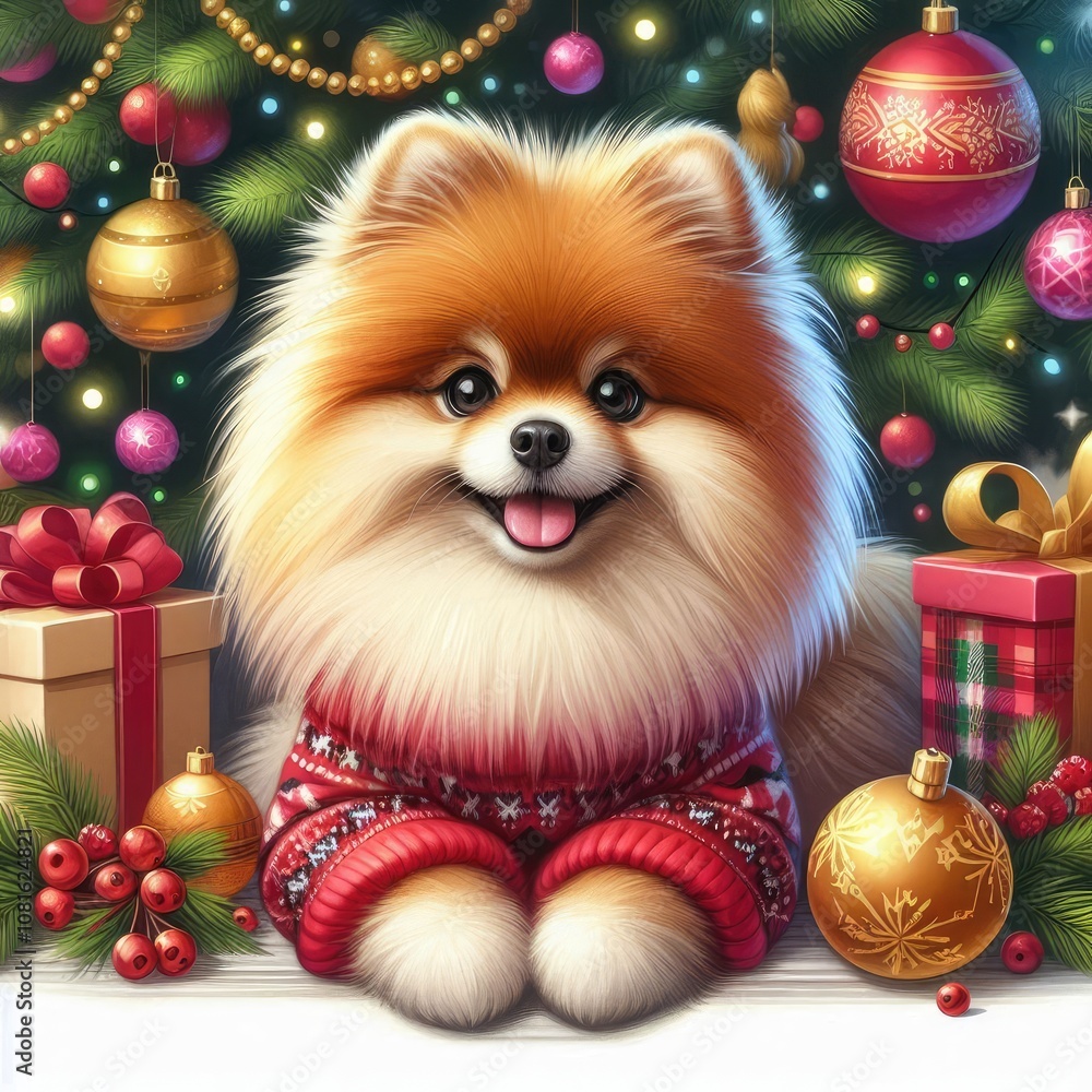 dog and Christmas happy new year, elegant dog and Christmas happy new year, elegant