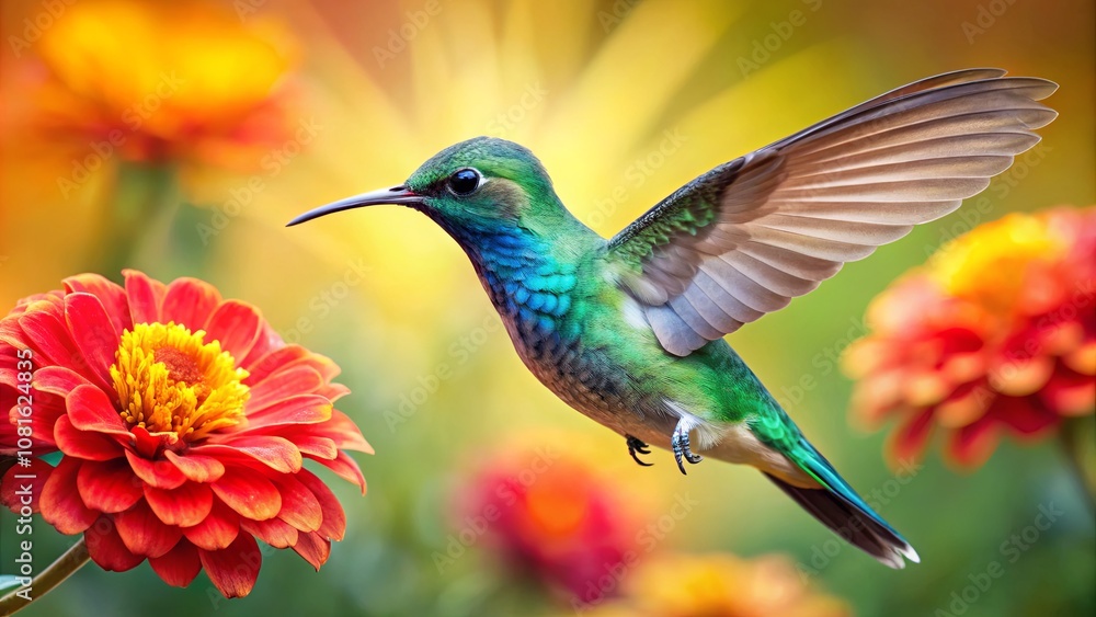 Vibrant Hummingbird Feeding on Colorful Flowers in a Lush Garden Scene Highlighted by Soft Sunlight and Vivid Colors Vibrant Hummingbird Feeding on Colorful Flowers in a Lush Garden Scene Highlighted by Soft Sunlight and Vivid Colors