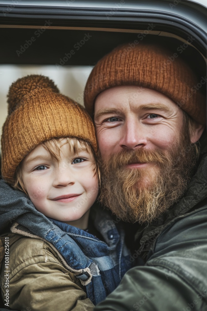 Joyful father and son portrait by their car, capturing a special moment together Joyful father and son portrait by their car, capturing a special moment together
