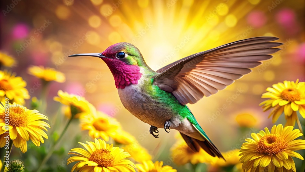 Vibrant Hummingbird in Flight Surrounded by Colorful Flowers Against a Radiant Background with Sunburst Effect Vibrant Hummingbird in Flight Surrounded by Colorful Flowers Against a Radiant Background with Sunburst Effect