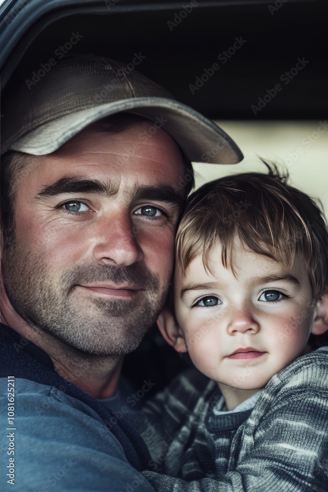 Heartwarming portrait of a joyful father and son sharing a special moment near their car Heartwarming portrait of a joyful father and son sharing a special moment near their car