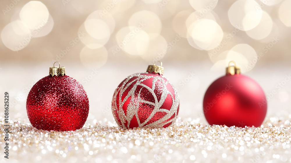 Three red Christmas ornaments on a sparkling background. Three red Christmas ornaments on a sparkling background.