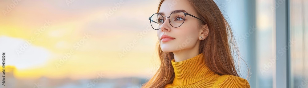 A thoughtful young woman with curly hair gazes outside, illuminated by a warm sunset, wearing stylish glasses and a vibrant yellow top. A thoughtful young woman with curly hair gazes outside, illuminated by a warm sunset, wearing stylish glasses and a vibrant yellow top.