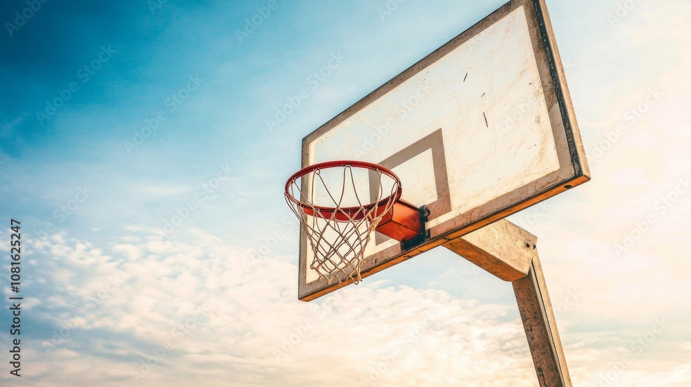 A basketball hoop with backboard and clear sky, outdoor setting in the afternoon, Dynamic style A basketball hoop with backboard and clear sky, outdoor setting in the afternoon, Dynamic style
