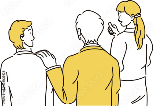 肩に手を当て励ます2人の男性と笑顔の女性のビジネスマンの手描きでシンプルなイラスト素材