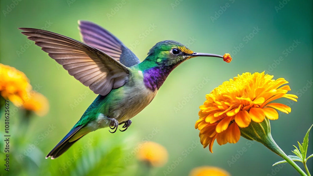 Vibrant Hummingbird Feeding on Bright Flower in Colorful Garden With Gentle Background Focus on Nature's Beauty and Wildlife Interaction Vibrant Hummingbird Feeding on Bright Flower in Colorful Garden With Gentle Background Focus on Nature's Beauty and Wildlife Interaction
