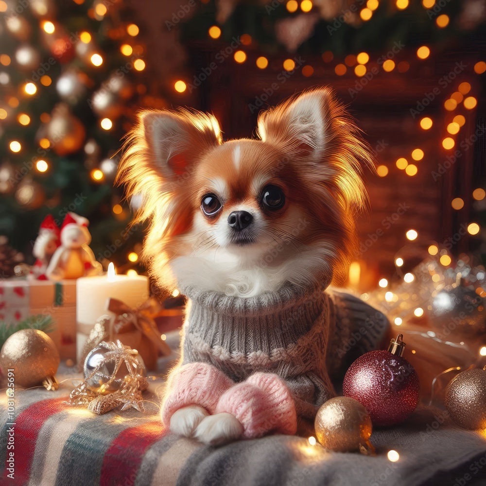 dog and Christmas happy new year, elegant dog and Christmas happy new year, elegant