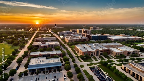 Aerial View of the Plano, Texas Business District during Summer Sunset.