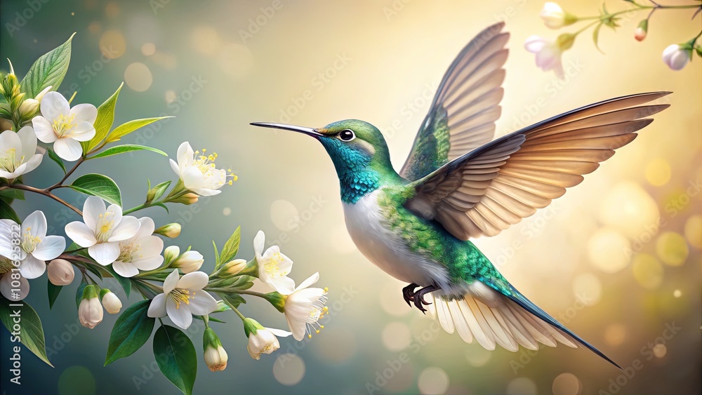Vibrant Hummingbird Hovering Near Blossoming Flowers with Soft Bokeh Background, Capturing the Beauty of Nature and Wildlife in a Serene Setting Vibrant Hummingbird Hovering Near Blossoming Flowers with Soft Bokeh Background, Capturing the Beauty of Nature and Wildlife in a Serene Setting