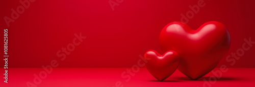 Two red valentines stand on a red background. space for text