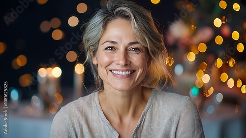 The woman in her 40s is smiling broadly, her eyes shining with joy as she poses in front of a backdrop of a glittering city nightlife photo