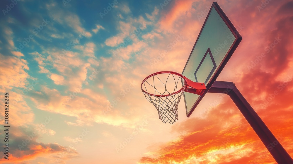 Naklejka premium A basketball hoop with backboard and net, outdoor setting against clear blue sky, Dynamic style