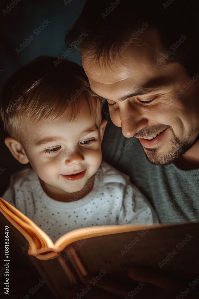 Joyful father and son sharing a book together, capturing their bond in a portrait Joyful father and son sharing a book together, capturing their bond in a portrait
