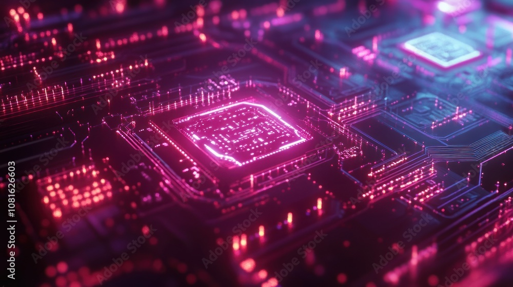 Glowing pink and blue circuit board with a central processor. Glowing pink and blue circuit board with a central processor.