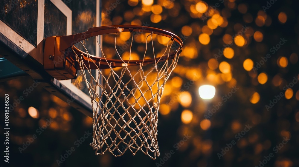 A basketball hoop with focus on the net, outdoor setting under twilight, Urban style A basketball hoop with focus on the net, outdoor setting under twilight, Urban style