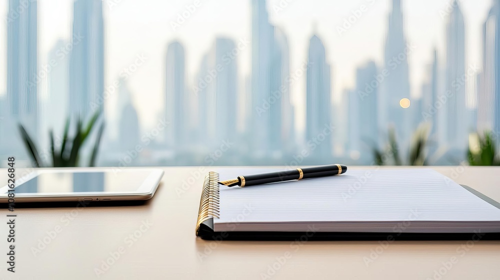 A modern workspace featuring a tablet and a notepad with a pen, set against a city skyline background. Ideal for corporate themes and productivity. A modern workspace featuring a tablet and a notepad with a pen, set against a city skyline background. Ideal for corporate themes and productivity.