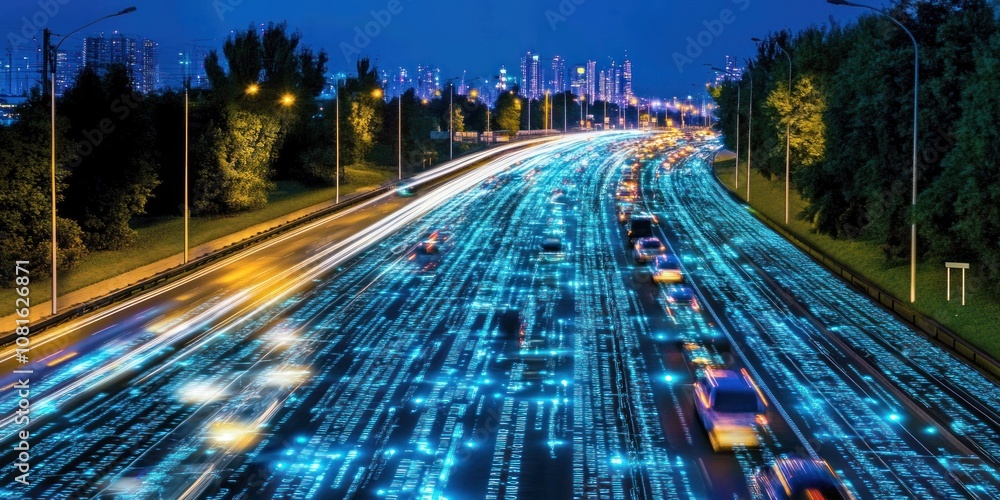 Obraz premium A busy highway with car lights and digital code streaks through the night.