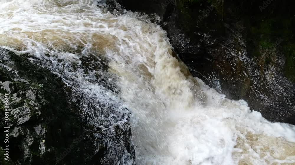 Wide shot of a run of wild atlantic salmon jumping the waterfall in a Scottish River. Slow motion Wide shot of a run of wild atlantic salmon jumping the waterfall in a Scottish River. Slow motion
