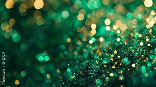 Abstract new year emerald bokeh background with shimmering defocused sparkles and glittering dust, creating a magical festive atmosphere for celebrations and holiday greetings, perfect for custom text photo