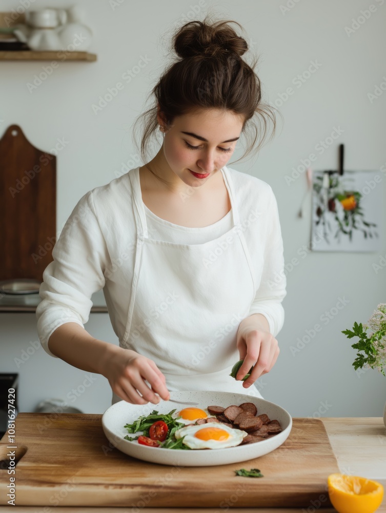 A woman preparing a vibrant breakfast featuring eggs and vegetables, illuminated by soft morning light A woman preparing a vibrant breakfast featuring eggs and vegetables, illuminated by soft morning light