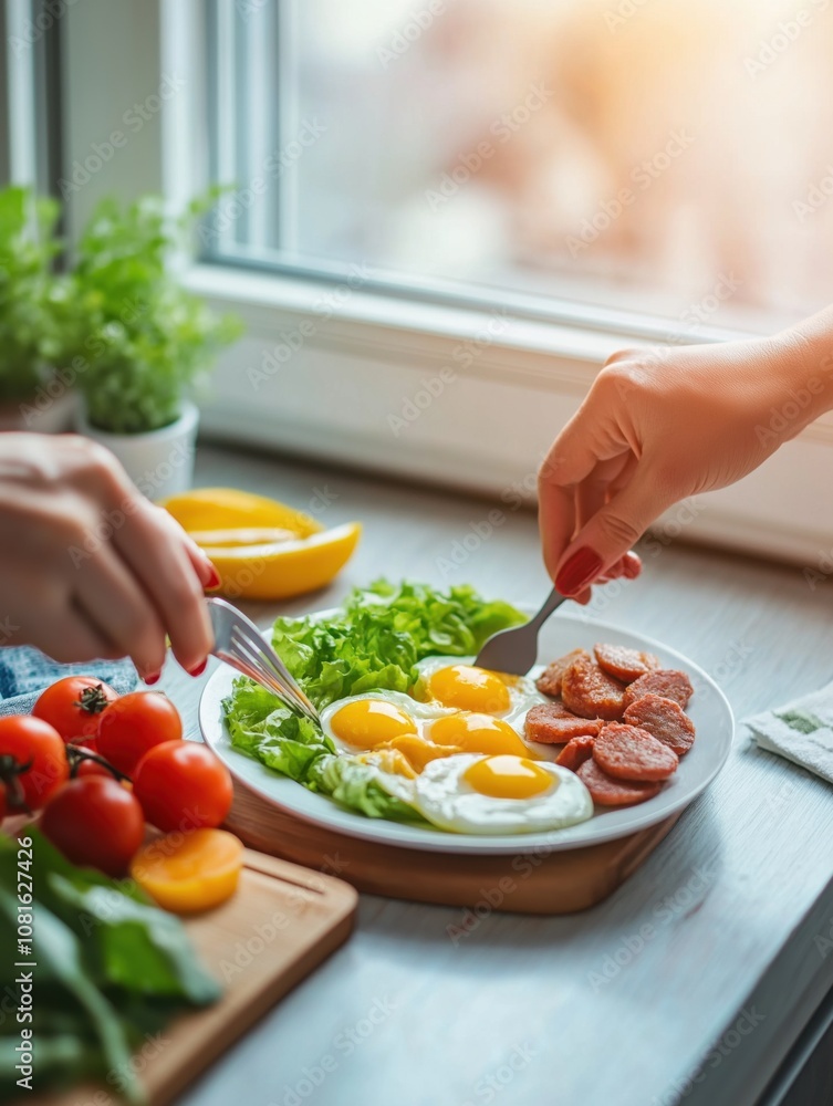 A minimalist kitchen, where a woman prepares a healthy breakfast filled with fresh eggs, tomatoes, and greens, illuminated by soft sunlight. A minimalist kitchen, where a woman prepares a healthy breakfast filled with fresh eggs, tomatoes, and greens, illuminated by soft sunlight.