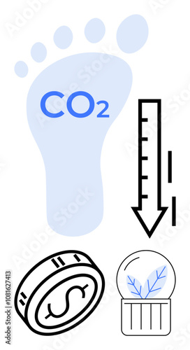 Human footprint with CO2, downward arrow, dollar coin, and plant in globe. Ideal for sustainability, cost efficiency, climate change awareness, environmental impact, green energy corporate