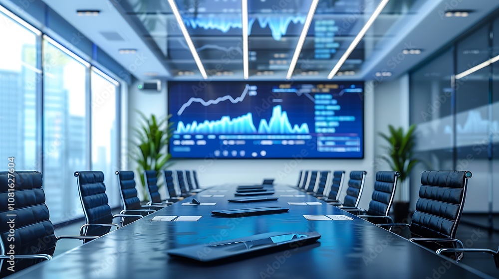 A professional meeting room with a long table, a digital screen displaying financial data, and comfortable seating. A professional meeting room with a long table, a digital screen displaying financial data, and comfortable seating.