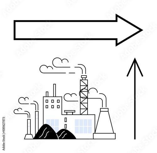 Industrial factory emitting smoke from stacks, accompanied by thick arrows pointing right and upwards. Ideal for economic growth, industrial development, direction, progress, manufacturing