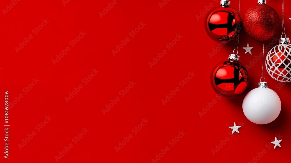 Red christmas ornaments on a red background with stars Red christmas ornaments on a red background with stars